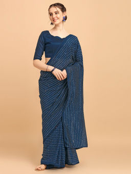 Amrutam Fab - Womens Sequences Vichitra Blooming Blue Saree With Unstitched Blouse Piece