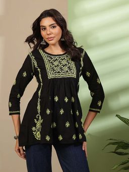 ADA - Black Cotton Embroidered Chikankari Short Kurti
