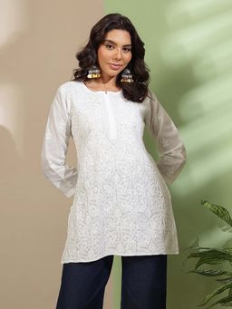 ADA - White Cotton Embroidered Chikankari Short Kurti