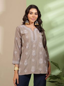 ADA - Beige Chanderi Embroidered Chikankari Short Kurti