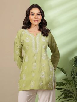 ADA - Green Chanderi Embroidered Chikankari Short Kurti