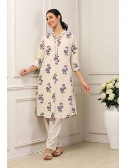 Biba - Off White Cotton Floral Printed Kurta