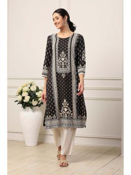 Biba - Black Rayon Floral Printed Kurta