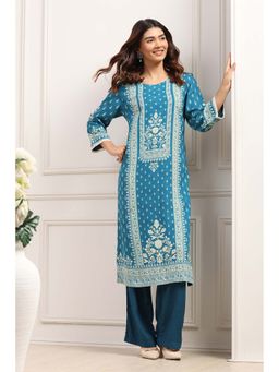 Biba - Blue Rayon Floral Printed Kurta