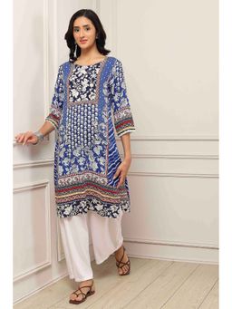 Biba - Blue Rayon Floral Printed Kurta