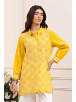 Biba - Yellow Cotton Floral Embroidered Short Kurti