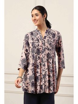 Biba - Beige Rayon Floral Printed Short Kurti