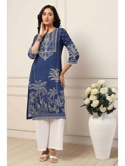 Biba - Navy Blue Rayon Floral Printed Kurta