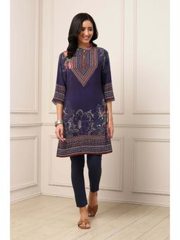 Biba - Navy Blue Rayon Floral Printed Kurta