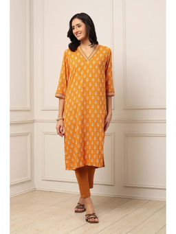 Biba - Mustard Rayon Floral Printed Kurta