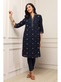 Biba - Navy Blue Cotton Woven Thread Work Kurta