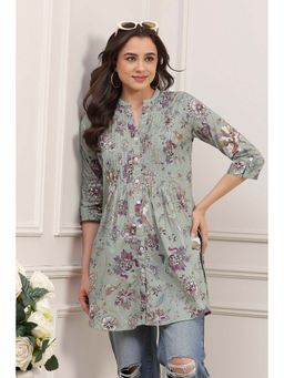 Biba - Green Cotton Floral Printed Short Kurti
