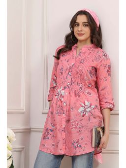 Biba - Pink Cotton Floral Printed Short Kurti
