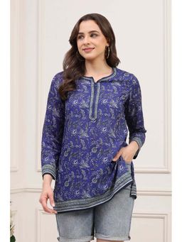 Biba - Navy Blue Polyester Floral Printed Short Kurti