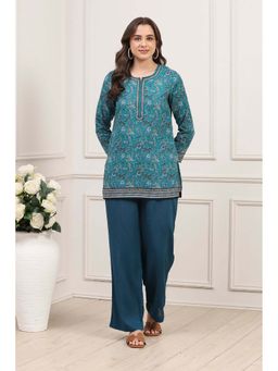 Biba - Teal Polyester Floral Printed Short Kurti