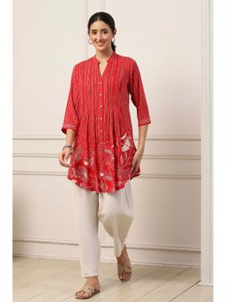 Biba - Red Rayon Floral Printed Short Kurti