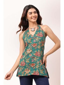 Biba - Green Cotton Floral Printed Short Kurti