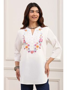 Biba - White Cotton Floral Embroidered Short Kurti