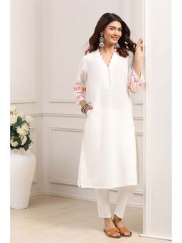 Biba - White Cotton Floral Embroidered Kurta