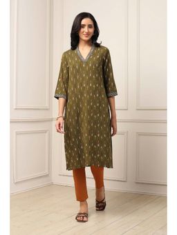 Biba - Olive Cotton Printed Beads Work Kurta