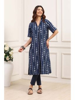 Biba - Navy Blue Cotton Printed Beads Work Kurta