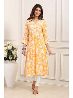 Biba - Mustard Viscose Rayon Floral Embroidered Kurta