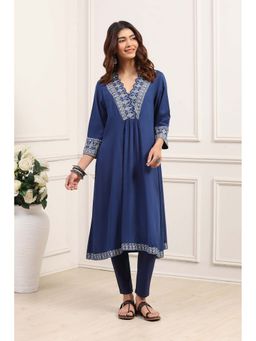 Biba - Navy Blue Rayon Floral Printed Kurta