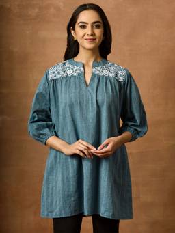 Women Plus - Blue Pure Cotton Floral Embroidered Short Kurti