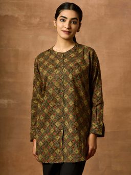 Women Plus - Green Pure Cotton Printed Short Kurti