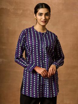 Women Plus - Purple Pure Cotton Printed Short Kurti