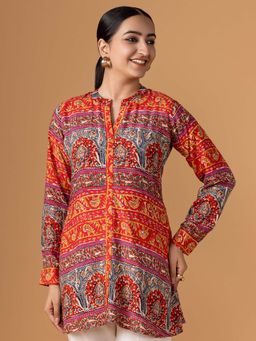 Women Plus - Multi-Color Viscose Floral Printed Short Kurti