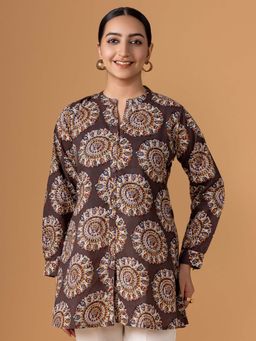 Women Plus - Brown Pure Cotton Printed Short Kurti