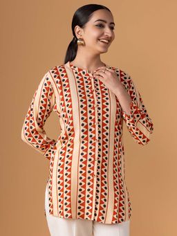 Women Plus - Cream Viscose Rayon Printed Short Kurti