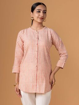 Women Plus - Pink Pure Cotton Stripes Printed Short Kurti