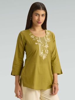 Women Plus - Olive Pure Cotton Floral Embroidered Short Kurti