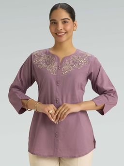 Women Plus - Lavender Pure Cotton Floral Embroidered Short Kurti