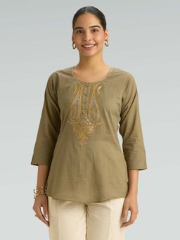 Women Plus - Olive Pure Cotton Embroidered Mirror Work Short Kurti