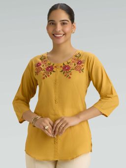 Women Plus - Yellow Pure Cotton Floral Embroidered Short Kurti