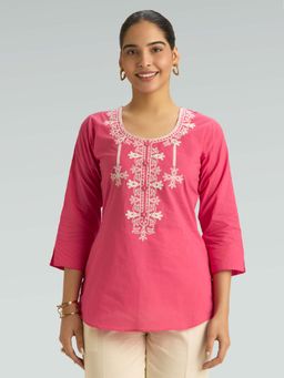 Women Plus - Pink Pure Cotton Embroidered Thread Work Short Kurti