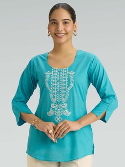 Women Plus - Blue Pure Cotton Embroidered Thread Work Short Kurti