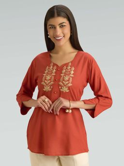 Women Plus - Rust Viscose Rayon Floral Embroidered Short Kurti