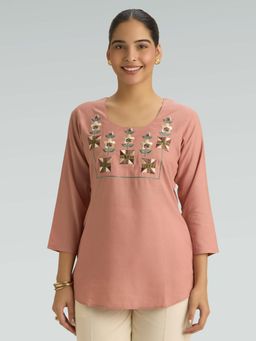 Women Plus - Pink Viscose Rayon Floral Embroidered Short Kurti