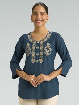 Women Plus - Navy Blue Viscose Rayon Floral Embroidered Short Kurti