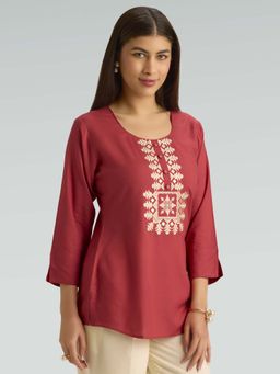 Women Plus - Maroon Viscose Rayon Embroidered Mirror Work Short Kurti