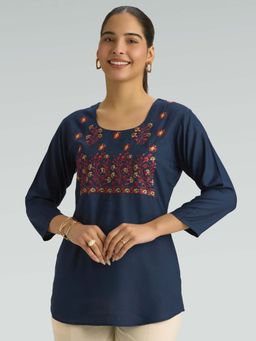 Women Plus - Navy Blue Viscose Rayon Floral Embroidered Short Kurti