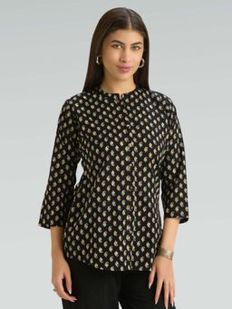 Women Plus - Black Pure Cotton Printed Short Kurti