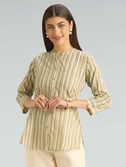 Women Plus - Olive Pure Cotton Stripes Printed Short Kurti