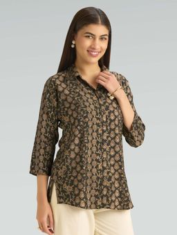 Women Plus - Black Silk Floral Printed Short Kurti
