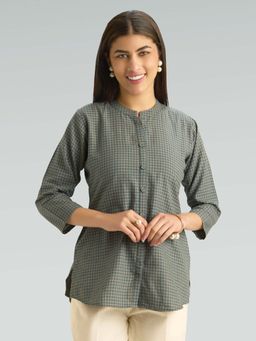 Women Plus - Grey Pure Cotton Checks Printed Short Kurti