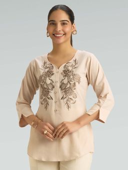 Women Plus - Cream Viscose Floral Embroidered Short Kurti